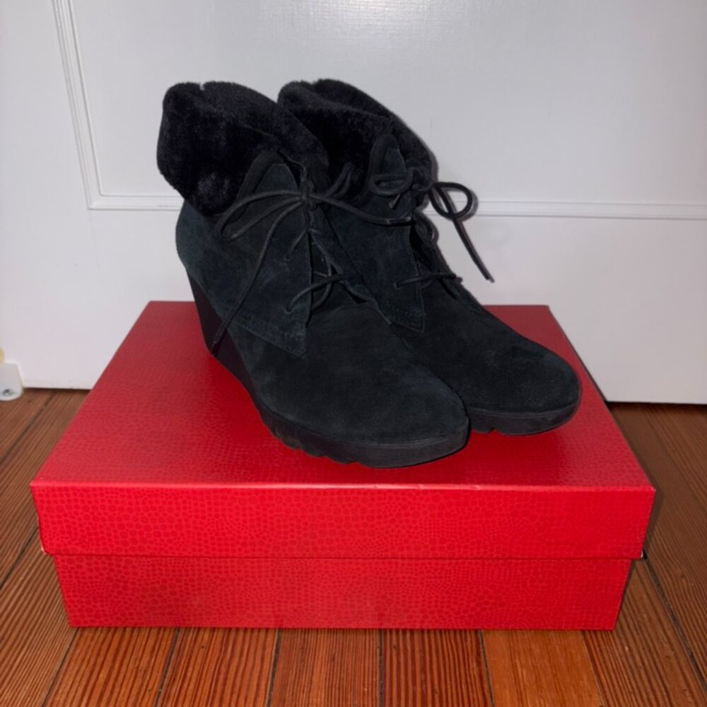 Donald J Pliner Black Suede Wedge Booties with Faux Fur Cuffs.  Size 8.5
